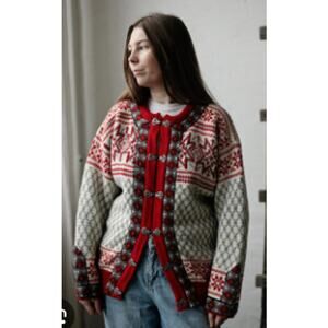 Women's Red and Cream Patterned Sweater